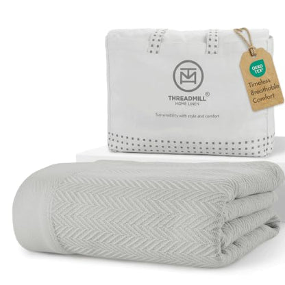 Threadmill Luxury Cotton Blankets for King Size Bed | All-Season Cozy 100% Cotton King Size Blanket | Herringbone Soft Fall Thermal Blanket fits California King Size Bed | Light Grey | 100% Cotton, Herringbone Pattern, 106x92 in, Breathable, All-Season, O