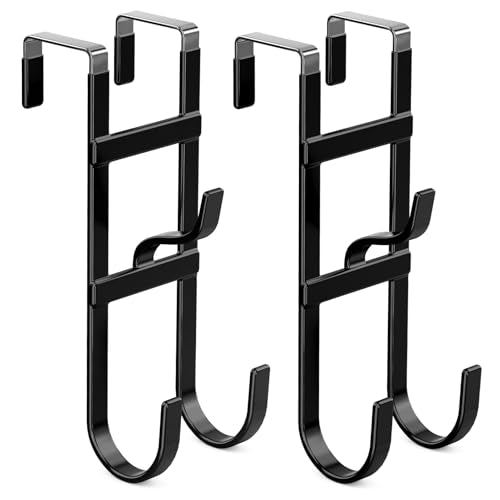 FYY Over the Door Hooks, Triple-Hanger 2 Pack, Fits Doors 1.6" Black | Heavy Duty Metal, Hold 100lbs, Rubber-Coated, No-Drilling, for Bathroom Dorm, Hanging Towels Clothes Bags Ironing Board Robe - color: Black