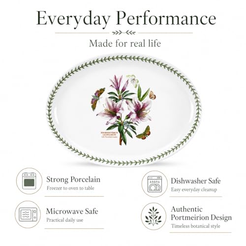 Portmeirion Botanic Garden Oval Serving Dish | 15 Inch Oval Platter | Lily Flowered Azalea Motif | Made from Porcelain | Dishwasher and Microwave Safe | 15" Porcelain Bakeware, Oven to Table, Chip-Resistant, Microwave, Dishwasher, Freezer & Oven Safe for
