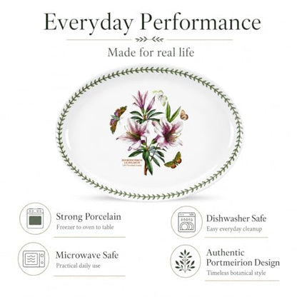 Portmeirion Botanic Garden Oval Serving Dish | 15 Inch Oval Platter | Lily Flowered Azalea Motif | Made from Porcelain | Dishwasher and Microwave Safe | 15" Porcelain Bakeware, Oven to Table, Chip-Resistant, Microwave, Dishwasher, Freezer & Oven Safe for