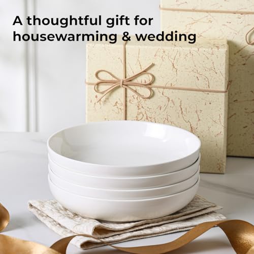 YHY Pasta Bowls Set of 4, 22 oz Ceramic Salad Plates, 7.8 Inch Wide Shallow Porcelain Dishes for Dinner, Microwave & Dishwasher Safe, White - size: 7.8 inches