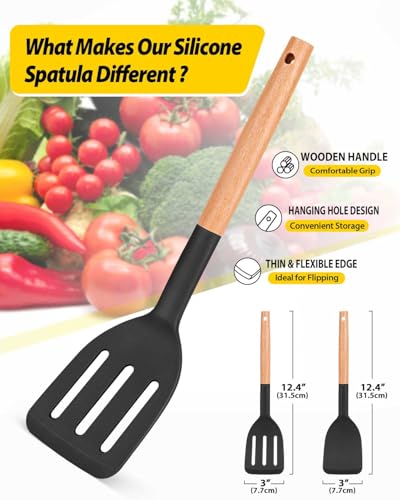 Pack of 2 Silicone Cooking Spatula, Heat Resistant Solid Turner, Non Stick Slotted Spatulas with Wooden Short Handle,Ideal Wood Kitchen Utensils Set for Frying, Baking, Flipping, Turning - color: Black