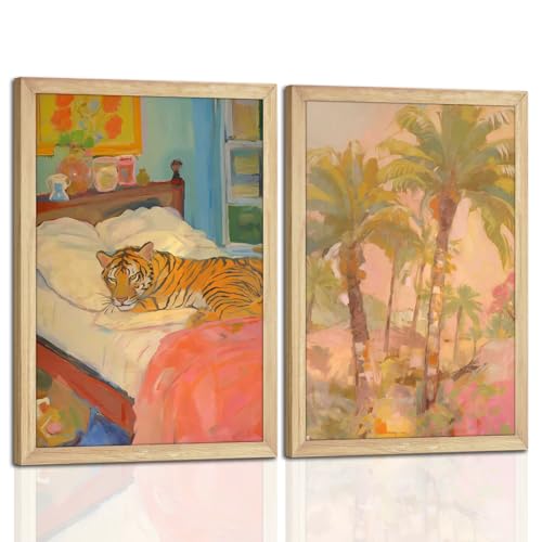 Set of 2 Framed Wall Art Prints – Tropical Palm Trees & Tiger Bedroom – 16"x24" Light Wood Frame Canvas Prints for Bedroom, Living Room, Boho Decor, Aesthetic Home Gallery Wall Art - color: Tiger and tree, size: 16 x 24 inches