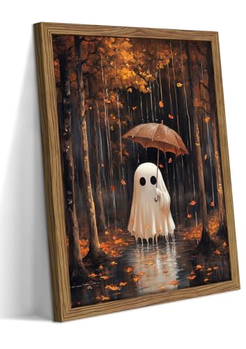 Framed Vintage Halloween Ghost Canvas Wall Art, Cute Ghost Holding Umbrella Poster Print, Autumn Rainy Forest Halloween Artwork, Whimsical Wall Decor for Living Room Bedroom Hallway, 8x10in - color: Ghost in the Rain, size: 10"L x 8"W