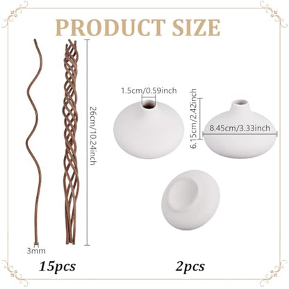 AHANDMAKER 2Pcs White Ceramic Vase Pottery Decorative Flower Vases with 15Pcs Brown Wavy Rattan Reed Diffuser Sticks Small Pottery Vases for Bouquet Pampas Dried Fresh Flowers Bookshelf Church Altars