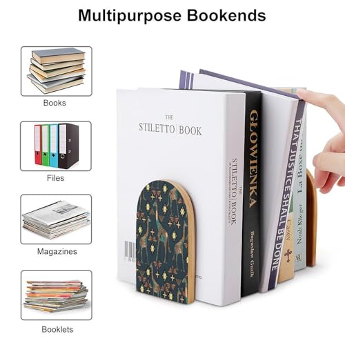 Personalized Wood Book Ends Metal Base Giraffe Pattern Design Printing Bookend Modern Heavy Duty Bookends for Home Or Office 1 Pair - color: Giraffe Pattern Design