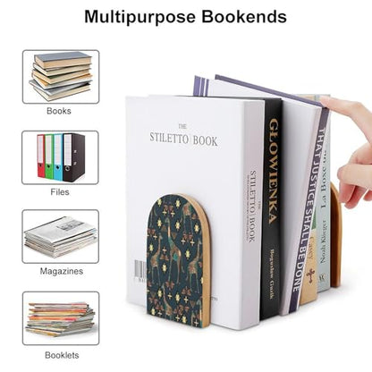 Personalized Wood Book Ends Metal Base Giraffe Pattern Design Printing Bookend Modern Heavy Duty Bookends for Home Or Office 1 Pair - color: Giraffe Pattern Design