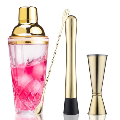 Cocktail Shaker Set - Glass Mixed Drink Shakers Cocktail Set, Martini Shaker with Strainer for Bars, Whiskey, Cocktails (Gold Set) - color: Gold Set