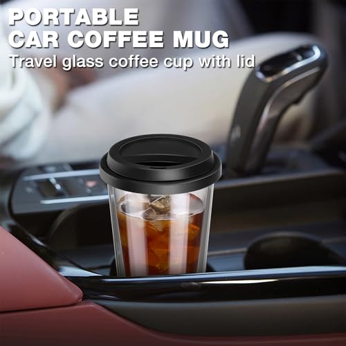 Qipecedm® 2 Packs Double Walled Glass Coffee Mugs with Silicone Lids, 12 OZ Reusable Glass Coffee Cups, Insulated Coffee Mugs, Cappuccino,Tea,Latte,Iced Coffee Cups, Glass Travel Mug, Heat Resistant