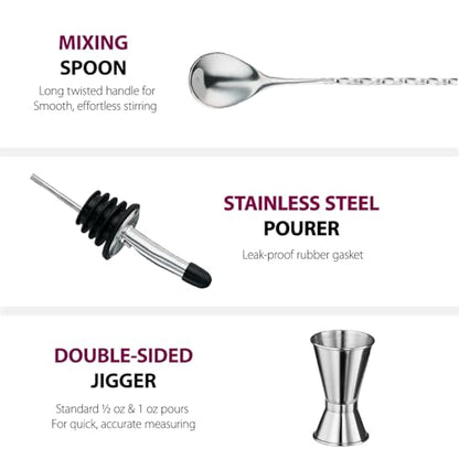 FineDine 17-Piece Stainless Steel Bar Set Cocktail Shaker Set Bartender Kit | Mixology kit, stainless steel bar tools, shaker tins, jigger, strainer, muddler, spoon, pourers, stand, home bartending