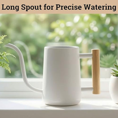 Metal Small Indoor Watering Can with Long Spout & Real Wood Handle, 35oz | Long Spout, Stainless Steel, Real Wood Handle, Gentle Flow, No Spills, Suitable for House Plants, Succulents & Seedlings - color: White