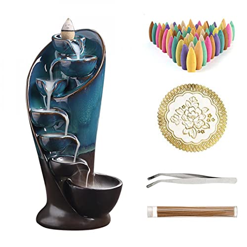 YYW Backflow Incense Burner Holder Handmade Statue Decor Fountain Waterfall Incense Holder with 20 Backflow Incense Cones 30 Incense Sticks 1 Tweezer 1 Mat for Indoor Meditation Yoga (Blue) | Includes 20 Backflow Incense Cones 30 Incense Sticks 1 Tweezer