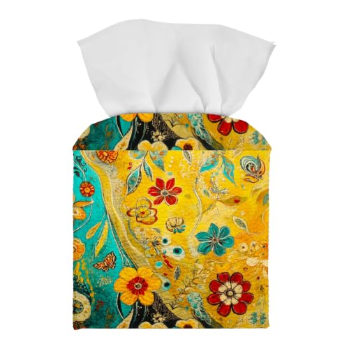 Tissue Box Cover Square, PU Leather Tissue Box Holder for Bathroom, Living Room & Office Desk, Vibrant Floral & Butterfly, Decorative Modern Tissue Box Cover - color: Vibrant Floral & Butterfly
