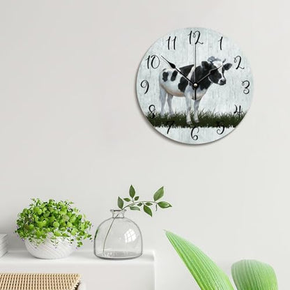 Holstein Cow Wall Clock Milk Cow Clock Kitchen Wall Clock Silent Non-Ticking Wooden Wall Clock Battery Operated Living Room Clock Farmhouse Decor Rustic Home Decor for Office 10 inch