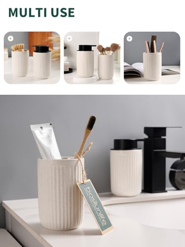 Bosilunlife Soap Dispenser and Toothbrush Holder Set - 11Oz Foam Soap Dispenser Pump Ceramic Bathroom Counter Soap Toothbrush Holder Set Beige Bathroom Accessories Set - color: Beige-cylindrical Stripes Foam