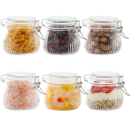 17oz Airtight Glass Jar with Lid, 6 Pack Clamp Lid Glass Storage Jars, Flip Top Food Storage Containers, Wide Mouth Thick Glass Jars for Yogurt Dessert Jam Sugar Snacks Pantry Kitchen Organization - size: 17 fl oz x 6 - Ridged