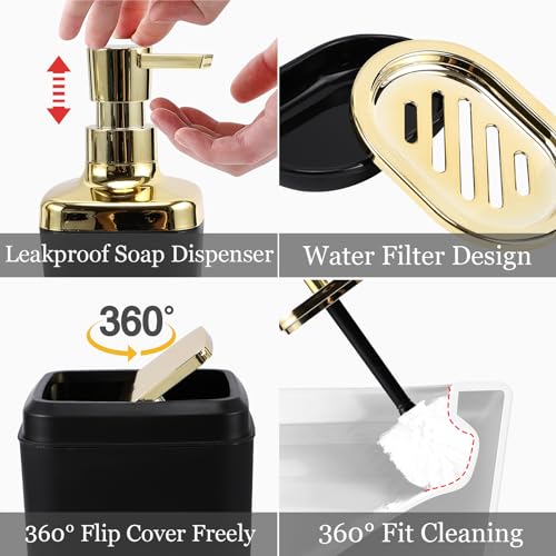 XLHOMO Bathroom Set - Black Bathroom Accessories Set, Bathroom Sets with Shower Curtain and Rugs, 24PC Shower Curtain Set with Hooks, Soap Dispenser, Soap Dish, Toilet Brush Holder and Trash Can - color: Gold and Black, size: Bathroom Set+Shower Curtain+B