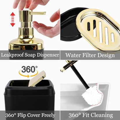 XLHOMO Bathroom Set - Black Bathroom Accessories Set, Bathroom Sets with Shower Curtain and Rugs, 24PC Shower Curtain Set with Hooks, Soap Dispenser, Soap Dish, Toilet Brush Holder and Trash Can - color: Gold and Black, size: Bathroom Set+Shower Curtain+B
