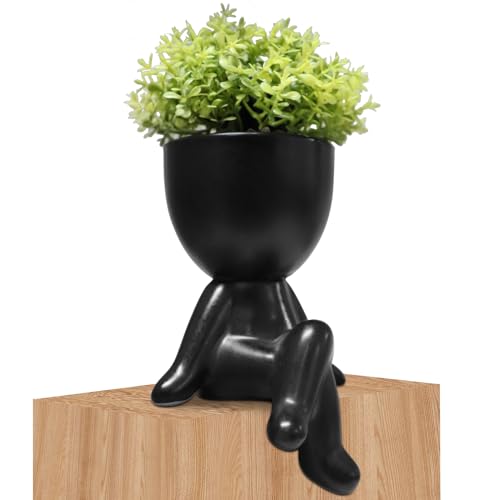 Zerzsy Small Fake Plants with Human-Shaped Pots Office Decor for Women and Men, Cute Faux Plants Indoor for Office or Home Decoration- Set of 1 - color: Black-d