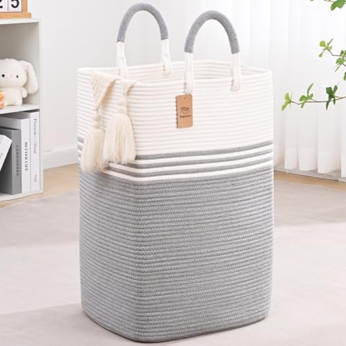 Laundry Basket Hamper,Blanket Storage,Dirty Clothes Hamper with Swivel Handles,Woven Cotton Rope Toy Baskets,Blanket Basket Living Room,Decorative Hampers for Nursery,Bedroom,White & Gray,60L - color: White & Gray, size: 60L