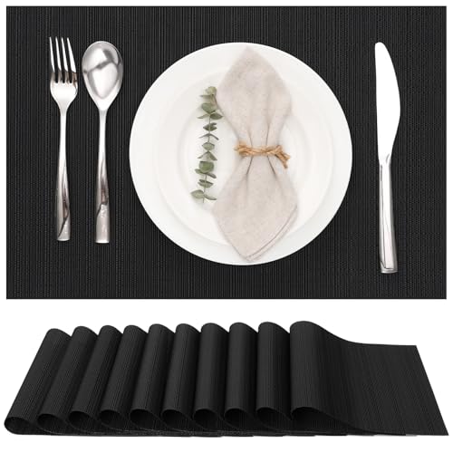 Myir JUN Placemats Set of 10 Kitchen and Dining Table Placemats | Vinyl Placemats Place Mats Indoor/Outdoor Set of 10 Washable Table Mats Non-Slip Place mats for Dining Table, Black - color: Black, size: Set of 10