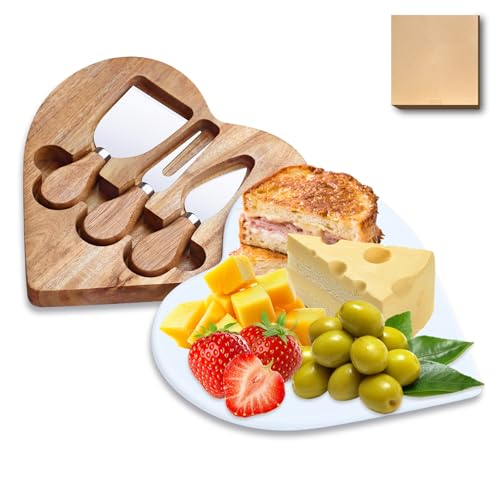 8.2" Valentine Heart-Shaped Acacia Wood Cheese & Charcuterie Board with 360° Rotating Marble Lid and Cheese Utensil Set (Spade, Knife, Fork) - Housewarming, Birthday & Wedding Gift - size: Heart Shaped 8.2"