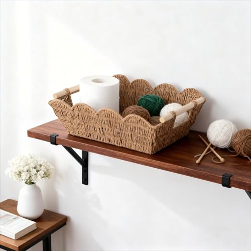 Scalloped Basket with Wooden Handle, Water Hyacinth/Seagrass/Wicker Storage Baskets, Hand Woven Baskets for Shelves,Natural Baskets for Organizing (2)