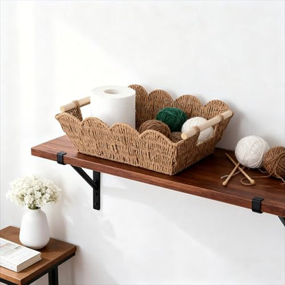 Scalloped Basket with Wooden Handle, Water Hyacinth/Seagrass/Wicker Storage Baskets, Hand Woven Baskets for Shelves,Natural Baskets for Organizing (2)
