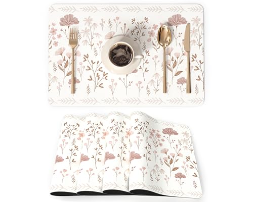 QIYI PU Leather Placemats Set of 6, 12"x18" Waterproof Table Mats, Blush | Faux Leather, Heat Resistant, Anti Slip, Wipeable Place Mats for Kitchen Dinning, Party Table Décor, Pink Flowers - color: Pink Flowers, size: Set of 6