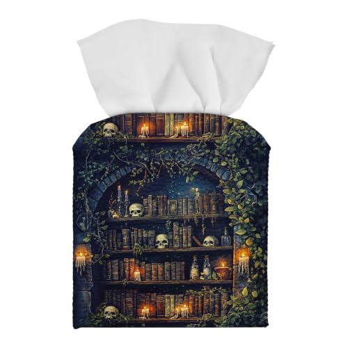 Tissue Box Cover Square, PU Leather Tissue Box Holder for Bathroom, Living Room & Office Desk, Gothic Bookshelf with Skulls & Candles, Decorative Modern Tissue Box Cover - color: Gothic Bookshelf With Skulls & Candles