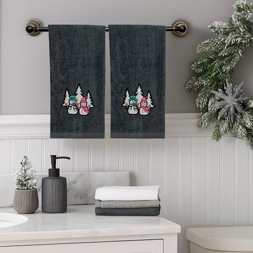 Luxury Holiday Christmas Hand Towels, Embroidered Snowmen, Forest Trees, Velour Terry Cotton, Grey, Set of 2 - color: Charcoal Grey