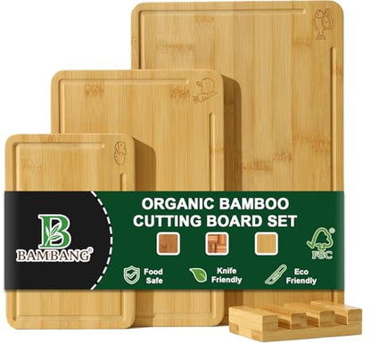 BAMBANG Bamboo Cutting Board Set, 3-Piece Wooden Chopping Boards for Kitchen, Non-Toxic Butcher Block with Juice Groove, Large Medium Small Cutting Boards for Meat, Vegetables & Cheese - color: Natural