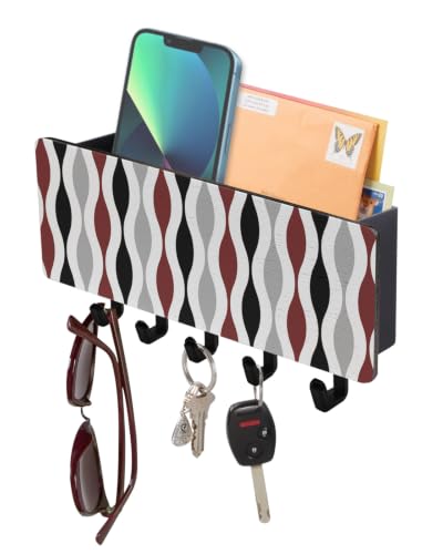 Key Holder for Wall Mid Century Abstract Art Key and Mail Holder with Shelf 5 Hooks Storage Key Organizer Rack Geometric Black Red Grey Wood Wall Key Hanger for Entryway Hallway Kitchen Home Decor - color: Red, size: Black