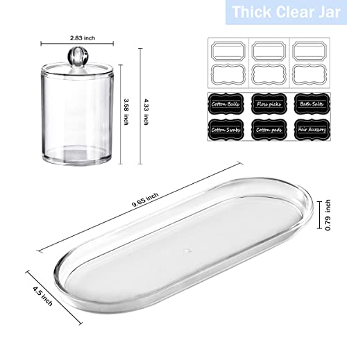 SheeChung 3 PCS Qtip Holder Bathroom Set with Tray, Acrylic Apothecary Jars | Clear Qtip Dispenser with Lids and Labels, Bathroom Qtip Holder Set for Cotton Ball, Cotton Swab 1 Pack Bathroom Vanity Tray - color: Clear