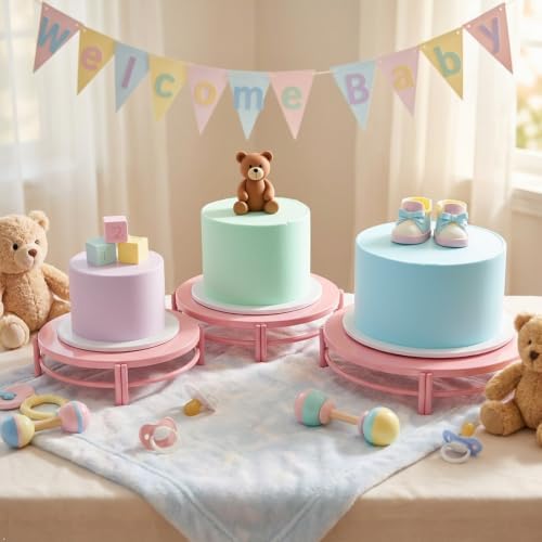 Pink 3Pcs Nesting Metal Cake Plate Stand Set 8" 10" 12" Dessert | Display Tray Cupcake Display Stands Table Decoration Cookie Serving Plates for Wedding Birthday Party - color: Pink
