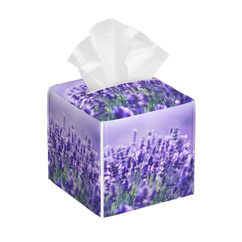 Lavender Flowers Tissue Box Cover Square, Tissue Box Holder with Bottom Belt Leather Facial Paper Organizer Dispenser for Bathroom Bedroom Dresser Night Stand Tabletop - color: Lavender Flowers