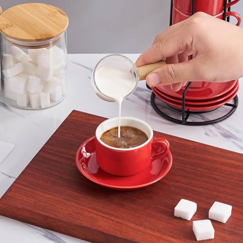 YOLIFE 2.5oz Espresso Cups Set of 4, Porcelain Stackable Espresso Cups, Expresso Shots Cup Set with Saucers and Metal Stand-Red - color: Red, size: 2.5oz