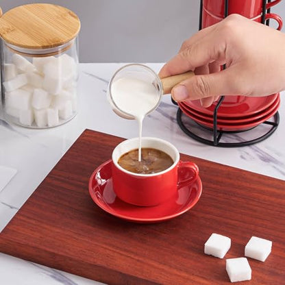 YOLIFE 2.5oz Espresso Cups Set of 4, Porcelain Stackable Espresso Cups, Expresso Shots Cup Set with Saucers and Metal Stand-Red - color: Red, size: 2.5oz