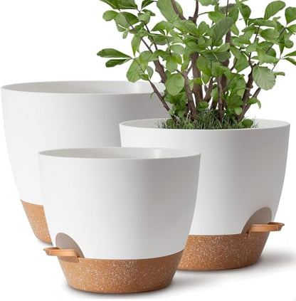 TYMENSH Plant Pots 12/10/9 Inch Set of 3, Self Watering Planters with Drainage Holes and Water Reservoir, Heavy Duty Plastic Flower Pots for Indoor Outdoor Plants, White