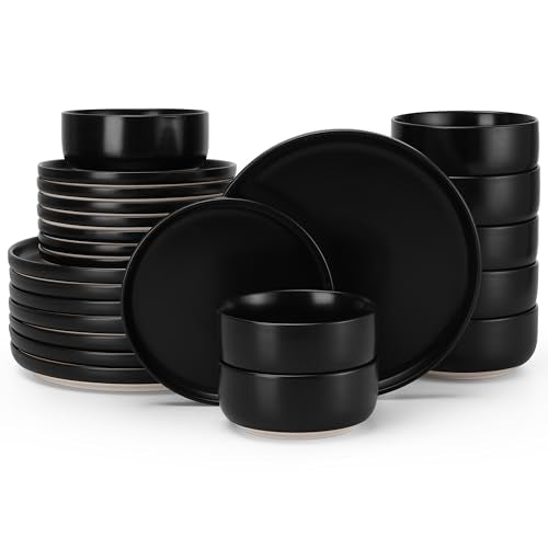 HaWare Stoneware Dinnerware Sets, 24-Piece Plates and Bowls Set for 8, Dishes Set for Home Restaurant, Frosting Black - color: Matte Black, size: 24pcs for 8