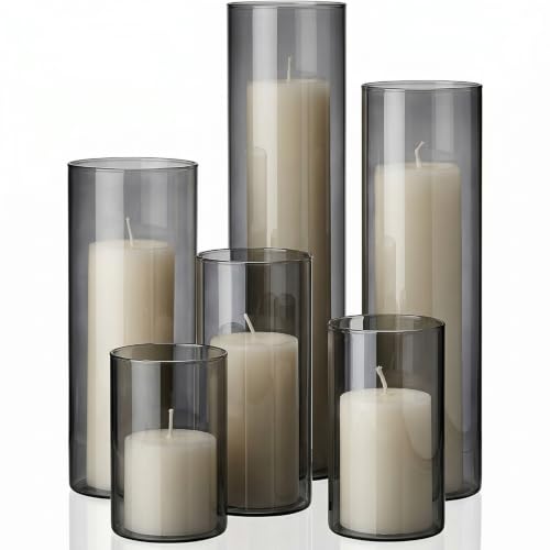 Set of 6 Pillar Candles and Glass Cylinder Vases Assorted Sizes Cylinder Holders for Pillar Candles Home Table Centerpieces Wedding Party Decorations (White,Smoky Black) - color: White, Smoky Black