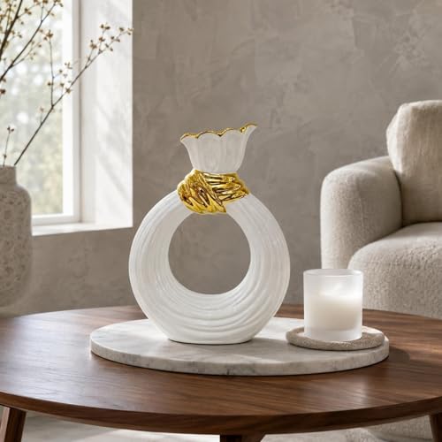 Circular Shaped Ceramic Vase White Glazed Ribbed Ceramic Vase Table Decoration for Tabletop, Floral Display, L 17cm W 6.5cm H 24cm - size: L 17cm W 6.5cm H 24cm
