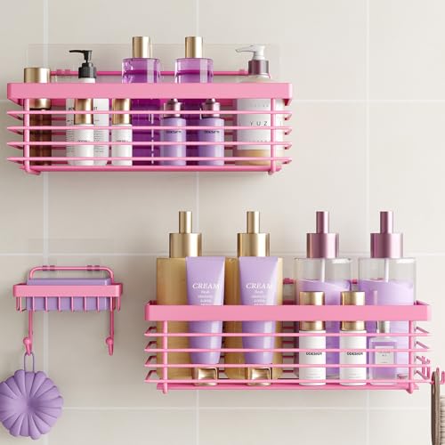 Shower Caddy Adhesive 3 Pack Stainless Steel Storage Organizers-Pink | No drilling wall mounted,rust-resistant,large capacity,quick drainage,easy to clean,suitable for bathrooms and kitchens - color: Pink