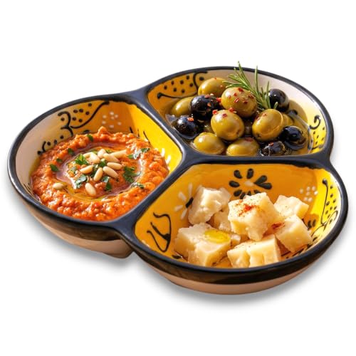 3-Compartment Ceramic Serving Dish, Handmade in Spain | 7.5” divided chip and dip bowl with lead-free glaze, microwave, oven and dishwasher safe, ideal for tapas, snacks and sauces - color: Onyx Yellow