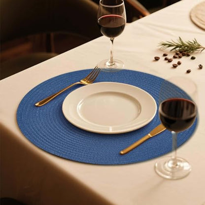 FunWheat Round Braided Placemats Set of 6 Place mats for Dining Tables Woven Heat Resistant Table Mats 15 inch (Blue,6pcs) - color: Solid Blue, size: 6pcs