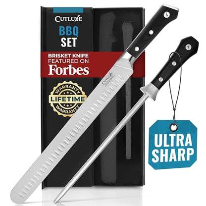 Cutluxe BBQ Carving Set, 12" Brisket Knife & 10" Honing Rod for Meat | Butcher Slicing Blades, Ultra Sharp German Steel, Ergonomic Pakkawood Handles – Artisan Series - size: 2 Pcs Brisket Knife Set