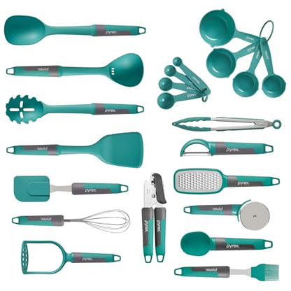 Pyrex 22-Piece Kitchen Cooking Utensils Set, Nonstick Cooking Gadgets | Spatulas, pizza wheel, grater, measuring, made without lead, cadmium, & BPA