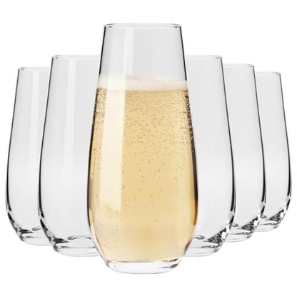 Krosno Champagne & Drink Glasses from the Harmony Collection | Set of 6 | 7.8 oz | Crystal Clear | For Home, Restaurant & Parties | Dishwasher Safe | Lead-Free Crystal Glass | Stemless Drinking Glasses, Drinking Glasses for Prosecco, Mocktails, Mimosa, Le