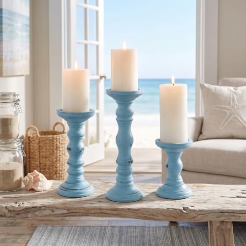 Set of 3 Light Blue Candle Holders Rustic Farmhouse Mango Wood Candlestick Holder Large Pillar Candle Stand Vintage Antique Home Decor for Table Centerpieces Fireplace Mantel, 12", 9", 6" H - color: Light Blue
