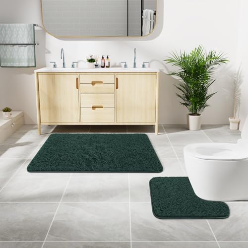 LOCHAS Bathroom Rugs Sets 2 Piece, 20''x20'' & 34''x21'', Hunter Green | Non Slip U-Shaped Toilet Rug, Chenille Washable Absorbent, Soft Bath Mat Set for Shower, Sink - color: Hunter Green